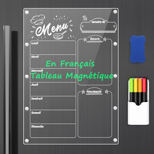 MoKo Calendrier magnétique pour réfrigérateur, planificateur de repas hebdomadaires en acrylique pour réfrigérateur français, planificateur de menus 42 x 30 cm avec 6 marqueurs colorés + 1 gomme + 1