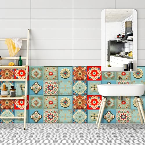 Tile Stickers 20x20 cm Abstract Red Green Self Adhesive Wall Tiles Waterproof Stick on Tiles Bathroom Kitchen Tile Stickers Stick on Wall Tiles Decor Self Adhesive Tiles 20 Pcs