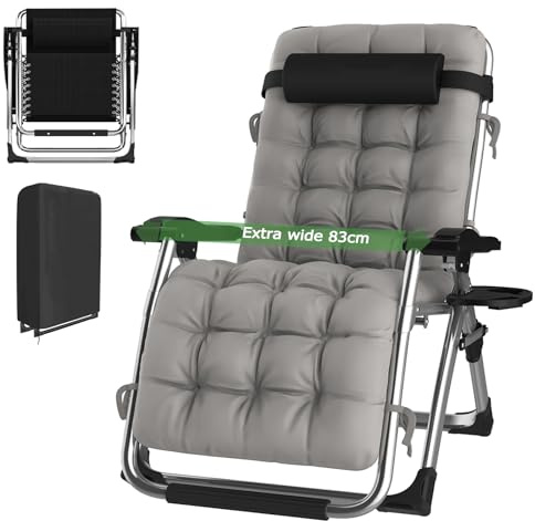 haiorjun Chaise Longue Zero Gravity Pliante, Fauteuil Relax Jardin Exterieur avec Coussin et Housse de Protection, 83 cm Extra Large Bains de Soleil Pliable avec Dossier Réglable, Support 200 kg