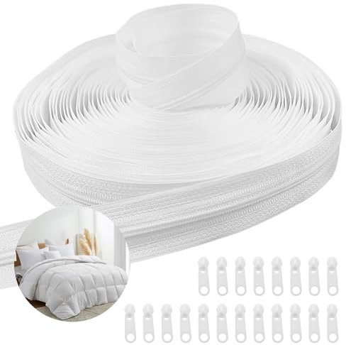 Reißverschluss mit Zipper, 20m lang für Bettwäsche und Kleidung, Kissen, Tasche (Weiß)