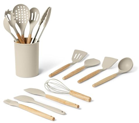 Amazon Basics Silikon-Kochutensilien-Set mit Holzgriff, 14-Teiliges Set, BPA-frei, inklusive Utensilienhalter, Leinengrau