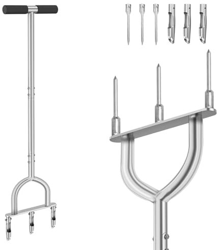 luolety Aireador de césped con aireador de espigas de césped, herramienta de aireación de púas huecas 2 en 1, mango en T, escarificador de césped resistente para suelos compactados, cuidado del césped