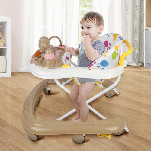 Lauflernhilfe für Babys, Jungen, mit Schieberfunktion, mitwachsender Schritt, Baby, mit Spieluhr und Lichtern, waschbares Sitzkissen für Kinder von 6 bis 18 Monaten, 62 x 68 x 36 – 81 cm, Khaki