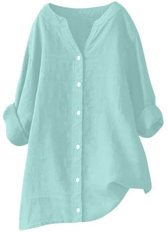 Camisa de manga larga para mujer, cuello en V, con botones, blusa larga para mujer, blusa de moda casual, ajuste holgado, cuello con muescas, blusas sin cuello para verano, otoño, blusas sin cuello