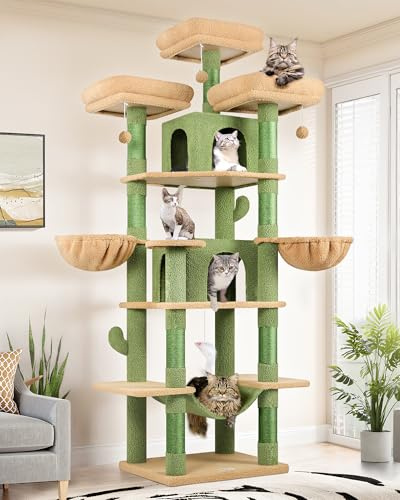 Globlazer Kattklösträd XXL Kaktus Grön, Högt kattträd 204 cm med 3 vadderade sittplatser, 2 bon, 2 korgar, hängmatta, stabilt klösträd för 3–5 katter att vila, leka och klösa (F80, grön)