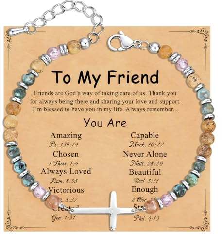 Cumnvulnt Cross Bracelet Women, Christian Gifts, Adjustable Natural Stone Crucifix Bracelets with Gift Card, Meaningful Friendship Jewellery for Friends, Goddaughter, Birthday, Baptism, Christmas
