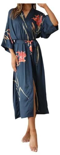 Generisch Ladies Luxury Floral Satin Kimono Bathrobe for Women Cool Sensation 3/4 Sleeve Long Casual Bathrobe Nightwear