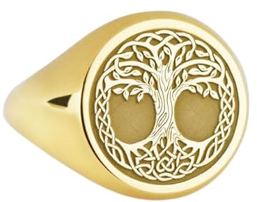 925 sterlingsilver Yggdrasil | guldpläterad ring | rund sigillring 14 x 14 mm | Bandstorlek US 5–12,5 avelaibal | LKDR_0240