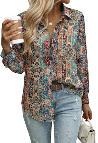 Zeagoo Womens Button Down Blouse Boho Floral Long Sleeve Summer Casual Shirts Chiffon Boho Work Dressy Tops Ethnic M