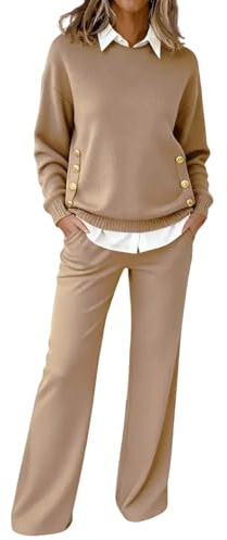 Lounge Sets for Women Two Piece Set Casual Tracksuit Outfits Loose Fit Long Sleeve Zip Up Pullover Top Wide Leg Pants(Small,7-Camel)