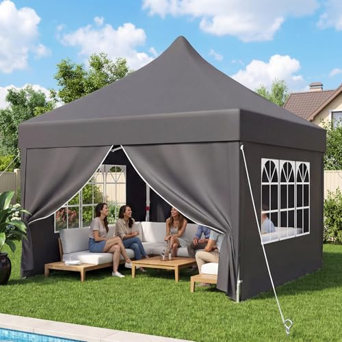 DEVOKO Carpa Plegable con Laterales de 3 m x 3 m, Altura Ajustable, Techo Impermeable de Tejido Oxford, Estructura Resistente y Duradera para Bodas, Exteriores, Jardines y Fiestas, Color Gris.