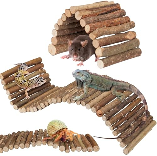 Lankai 3 Pieces Flexible Bridge Tunnel for Rodents, Chew Bridge Wooden Ladders, Wooden Bridge for Rodents, Climbing Stairs, Fences, Natural, for Hamster, Reptile, Lizard, Turtle, Hedgehog