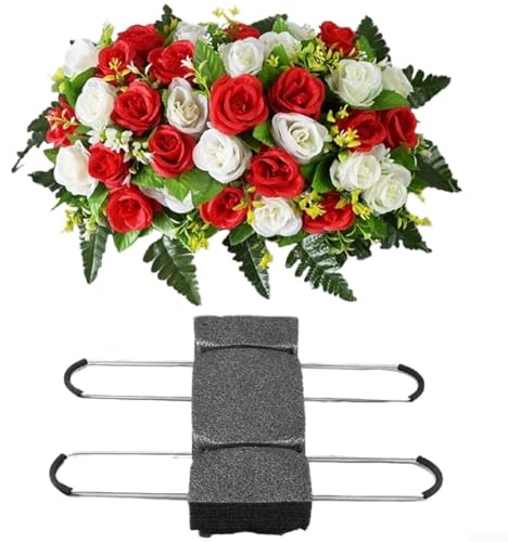Flores de lápida artificiales, 50 x 35 cm, rosas de seda, diseño de barco de dragón, base resistente para decoración de lápidas de tumba, cementerio conmemorativo (blanco + rojo)