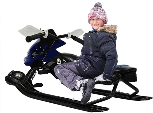 Trineo de nieve infantil con freno de pie y cuerda de remolque de alta resistencia, 60 kg carga cojín ajustable en 3 posiciones, trineo con volante, invierno nieve actividad familia azul negro