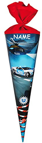 alles-meine.de GmbH Schultüte - Polizei & Helikopter - 85 cm - eckig - incl. Name - Tüllabschluß - Zuckertüte - mit/ohne Kunststoff Spitze - für Jungen - Polizist/Polizei..