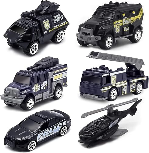 6 Pack Diecast Police Car Toy Set, Mini Alloy Models Police Car Toys for Boys 3-5 6 7, Armored Vehicle, Bulletproof Car, Rescue Truck, Military Helicopter, Armed Car Police Toys Kids Birthday Gift
