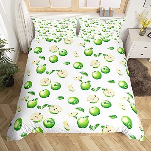 Homemissing Apple Bedding Set for Girls Boys Children Kids Cute Green Apples Comforter Cover Fruits Duvet Cover Vibrant Bright Leaves Bedding & Linen King Size 3Pcs