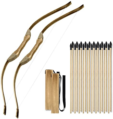 2 Pack Kids Bow and Arrow Set, 32 Inch Archery Set Handmade Wooden Toy Bow and Arrow for Kids 4-6 8-12, Cosplay Game Costume Prop Play, 2 Bows 2 Quivers and 20 Wood Arrows, Gifts for Youth Boys Girls