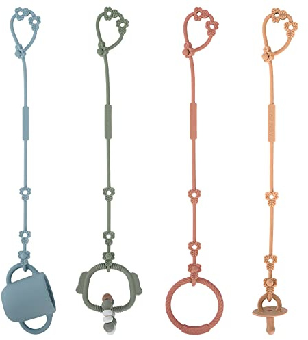 Toy Safety Straps, Silicone Pacifier Clips, Adjustable Stretchable Sippy Cup Straps for Strollers, High Chair, Cribs, Hanging Baskets, Car Seat, Shopping Trolley, 4 Pack, (Ether+Sage+Muted+Apricot)