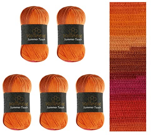 Wollbiene Summer Touch Batik Lot de 5 pelotes de laine multicolore avec dégradé de couleur, 500 g de laine mercerisée en microfibre acrylique (510 orange rose)