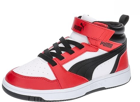 PUMA Puma Rebound V6 Mid Ac+ Ps, Scarpe da ginnastica Unisex - Bambini e ragazzi, Puma White Puma Black For All Time Red, 34 EU