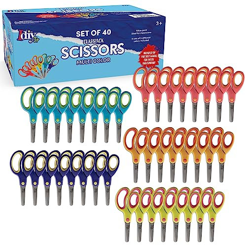 Idiy Kid's Scissors Class Value Pack (40pc) - 5 Soft Grip Blunt Tip Safety Easy Cut Scissors- Elementary School Projects, Back to School, Classroom Arts & Crafts Supplies for Children, Teachers