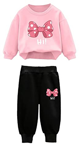 Agoky 2 Pezzi Tuta da Bambina Ragazza Felpa Stampa Fiocco Pantaloni da Jogging Completo Casual Completini Sportivi da Joggers Abbigliamento per Primavera Autunno 1-12 Anni Rosa 9-10 anni