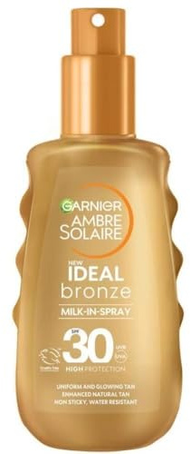 Garnier Ambre Solaire Fake Tan Ideal Bronze SPF 30 Milk-In Spray 150ml | With Vitamin E, Tan Enhancing, High UVA UVB Protection, Water Resistant, Non-Greasy, Uniform Glowing