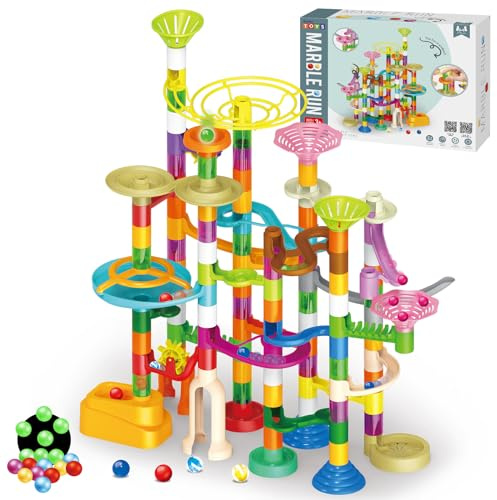 deAO 150-teiliges Murmelbahn Set mit Leuchtkugeln & Glasperlen – STEM Kugelbahn Konstruktionsspielzeug für Kinder ab 3-12 Jahren – Pädagogisches Bauspielzeug für Jungen & Mädchen