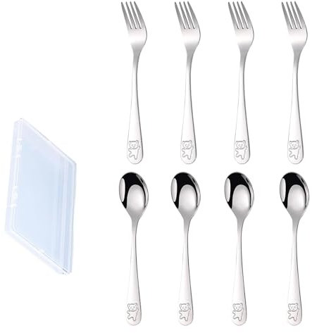 QZLSAYSLSet Di Posate In Acciaio Inox, 4 Cucchiai E 4 Forchette, Ideali Per La Casa E La Scuola. Resistente Alle Alte Temperature. Facile Da Pulire E Lavabile In Lavastoviglie