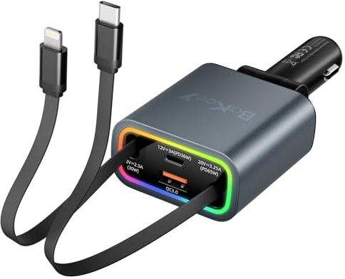 Bakeey Einziehbares Auto Ladegerät 4 in 1, 131W Zigarettenanzünder USB C, 180° Verstellbar, Schnellladegerät KFZ Ladegerät Ladekabel Auto Adapter Kompatibel mit iPhone 16 15 14 Galaxy S24 S23 Pixel