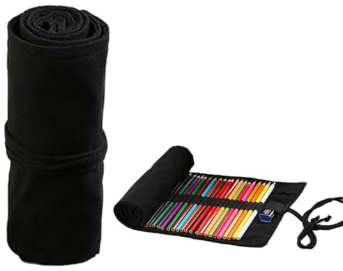 Bleistift Wrap, 1 Stück 24 Slots Leinwand Pencil Wrap, Leinwand Stifterolle Tragbar Tasche, Schlamperrolle Stiftehalter Mäppchen, für Künstler Reisen Schule, Schwarz, 24 Slots