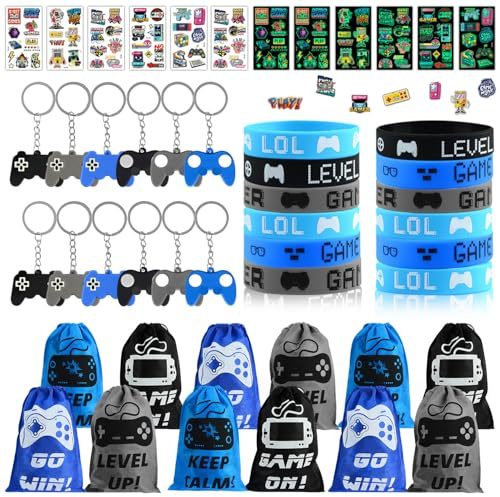 VICTERR Filtväska för videospel, spelfestgåvor med dragskoväskor, silikonarmband, nyckelring och glöda tillfälliga tatueringar, TV-spel födelsedagsfest tillbehör för barn pojkar vuxen spelare