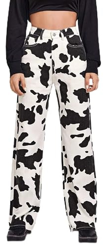 LYSINK Pantalon décontracté Y2k en denim imprimé vache taille haute jambe droite avec poche, A-A-Noir Blanc, L