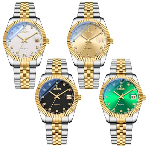 JewelryWe Herrenuhr Leuchtende Automatik Uhren: 4pcs 30m Wasserdicht Kalender Automatische Mechanische Armbanduhr Herren Edelstahl Armband Automatikuhr mit Diamantskala Zifferblatt