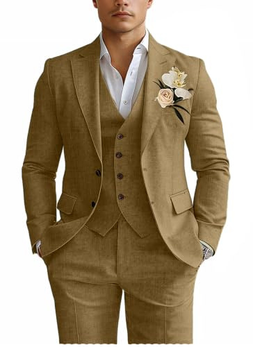 Costume de smoking 3 pièces en lin pour homme, coupe ajustée, pour la plage, un mariage, un bal de fin d'année, kaki, Taille L | Ensemble blazer gilet pantalon, lin, résistant aux plis, tenue de fête d'été pour homme, léger, doux, taille réglable