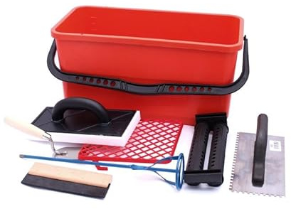 Set di utensili professionali per piastrellatura, secchio da 22 l con griglia, kit da 6 pezzi con cazzuole, galleggiante per malta e miscelatore
