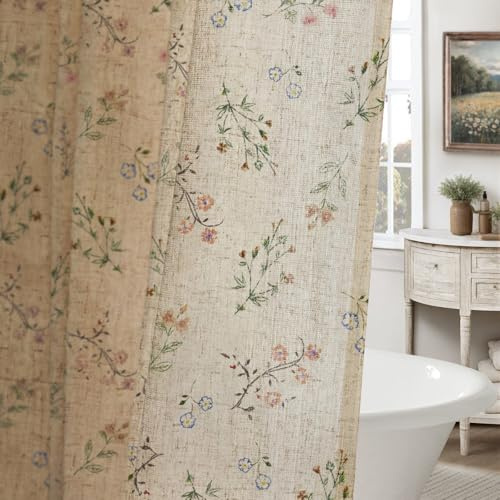 XOGUIBO Floral Farmhouse Vintage Linen Shower Curtain, French Country Spring Shower Curtains for Bathroom, 72Wx72H