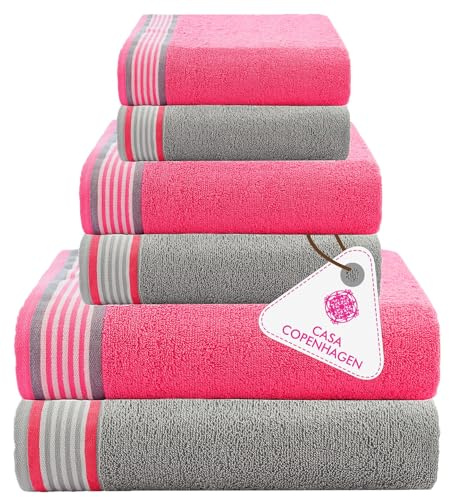 Casa Copenhagen Juego de Toallas He & She de 6 Piezas, Violeta Gris + Rosa, 550 g/m², 2 baño, 2 Mano, 2 paños, diseñado en Dinamarca con algodón Egipcio para baño, Cocina y Ducha.