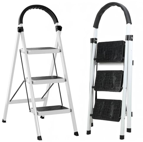 Stegstege vikbar i 3 steg, stegstege med ledstänger, hopfällbar stege med halkfria steg hushållsstege för kök, skafferi, skåp, kontor, lätt och utrymmesbesparande, lastkapacitet 150 kg (vit)