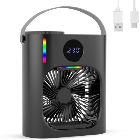 Mobil luftkonditionering, 4-i-1 luftkonditionering mobil med kall dimma, 900 ml bärbar mobil luftkonditionering, mini luftkylare, USB-fläkt skrivbord med 3 hastigheter, 7 färger ljus (svart)