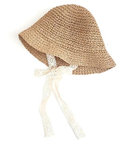 Baby halmhatt, småbarn solhatt med spetsband, andningsbar naturlig halmhatt i 1-3 år, kaki (48 cm huvudomkrets)
