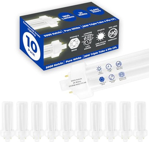 GoodBulb 26 Watt CFL Light Bulbs 4 Pin GX24Q-3 Base 5000K Daylight 26W High Output 1800 Lumens Triple Tube Compact Fluorescent Light Bulbs Plug-in 10 Pack