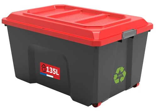 SUNDIS Locker, scatola di plastica da 135 litri, con ruote, con coperchio a clip, impilabile, ideale per l'officina, il trasporto, il garage e il fai da te