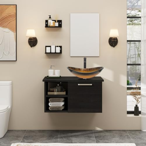 YOURLITE 28 Wall Mounted Bathroom Vanity Modern Lavatory Wood Cabinet with Mirror Oval Gold Boat Tempered Glass Sink Combo Vanities Set