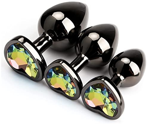 3Pcs Set Luxury Metal Butt Toys Heart Shaped Anal Trainer Jewel Butt Plug Kit G Spot Adult Sex Toys Gay Anal Plugs Woman Men Sex Gifts Things for Couples Large/Medium/Small (Colorful)