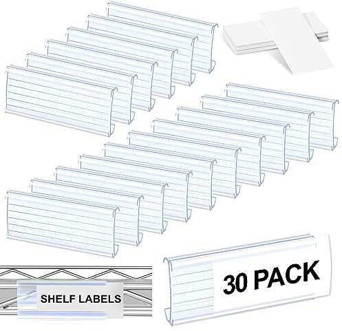 Collwait Lot de 30 étiquettes d'étagère en fil métallique avec inserts en papier d'étiquettes, étiquettes d'étagère pour étagères métalliques, clips d'étagère métro, supports d'étiquettes en plastique