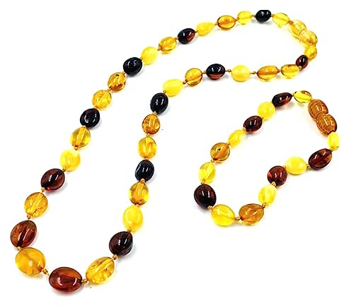 Amber Jewelry Shop - Collana e braccialetto in ambra baltica naturale, set regalo, collana in ambra 33 cm, bracciale in ambra 14 cm