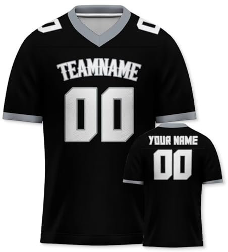 Yolovi Personalisiertes American Football Trikot Print/Embroidery mit Namen Nummer Blank Practice Jersey Shirts Hip Hop Party Trikot für Herren Damen Kinder Schwarz Grau