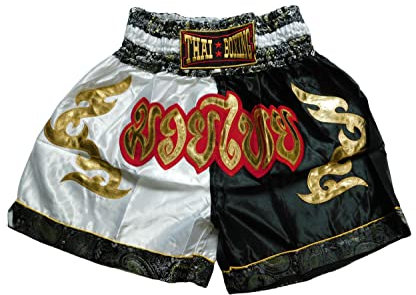 Weiss Schwarz Muay Thai Shorts - Hochwertige Kampfsportbekleidung für maximale Performance Hose Short Boxing Thailand Kickboxen MMA Boxen Sport Training Gym (as3, Alpha, 3X_l, Regular, Regular)